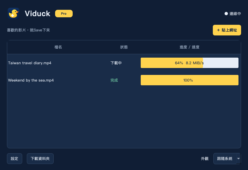Viduck Windows Qt 介面預覽，展示下載表格與外觀選擇。